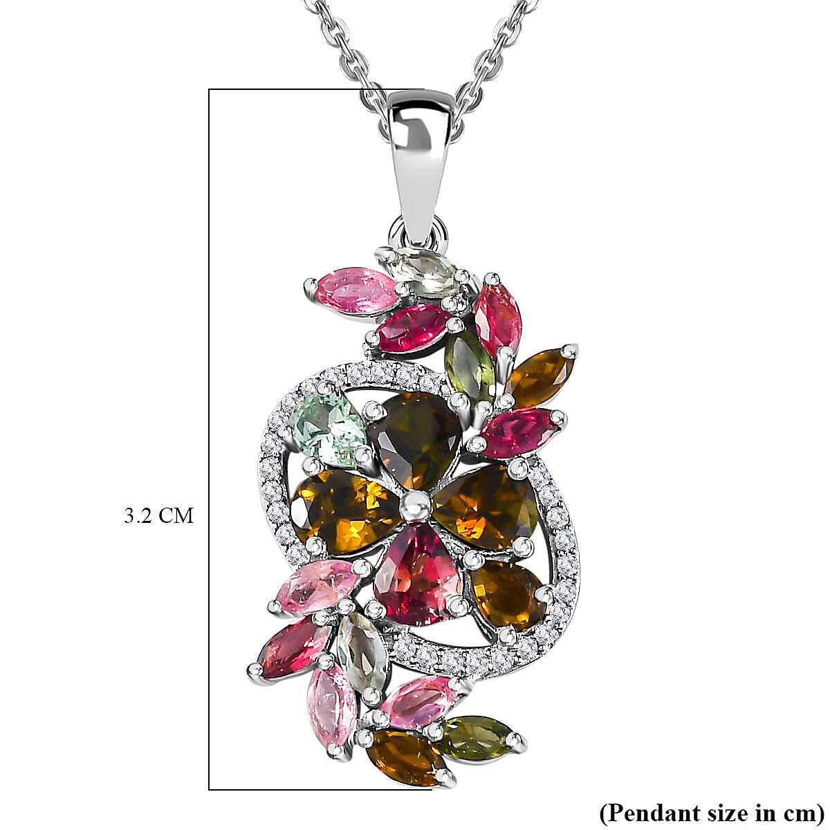 Multi-Tourmaline & Natural Zircon Pendant with Chain (Size 20) in Platinum Overlay Sterling Silver 3.00 Ct.