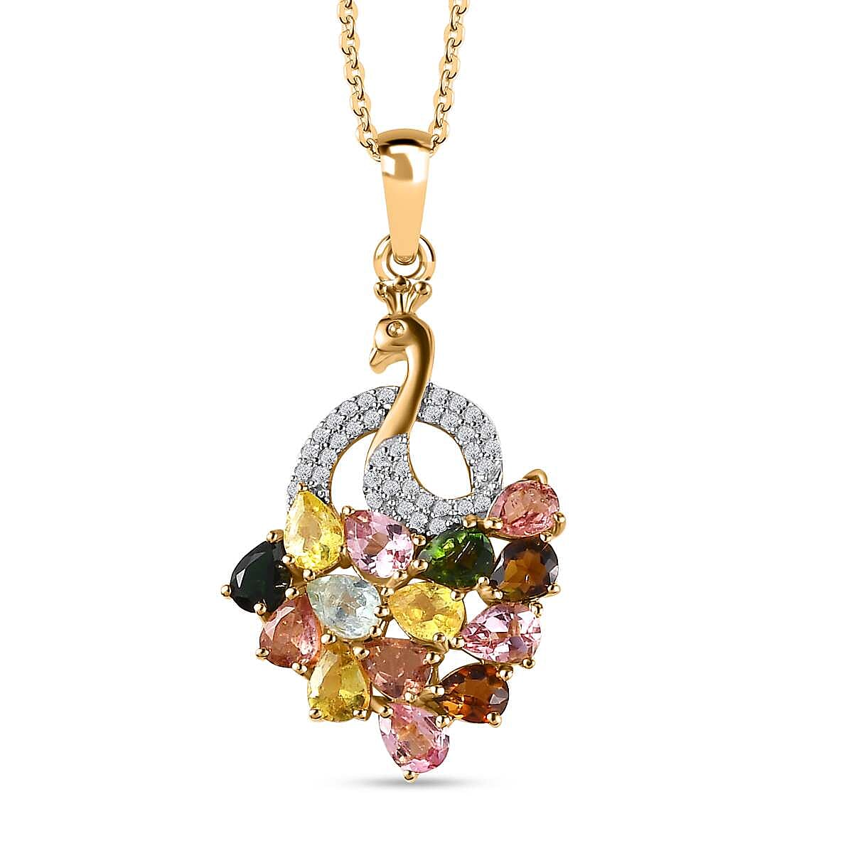 Multi-Tourmaline & Natural Zircon Pendant with Chain (Size 20) in 18K Yellow Gold Vermeil Plated Sterling Silver 2.20 Ct