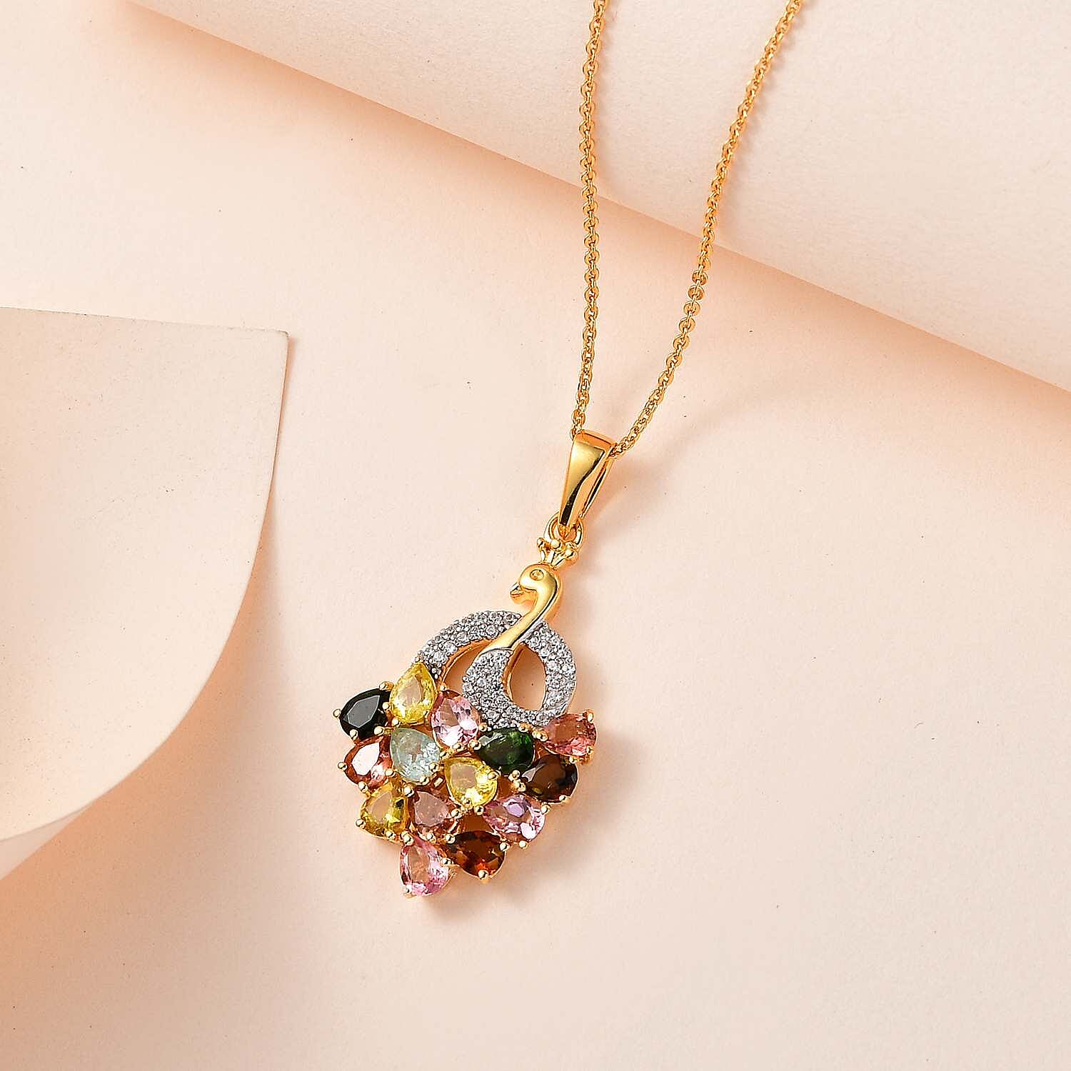 Multi-Tourmaline & Natural Zircon Pendant with Chain (Size 20) in 18K Yellow Gold Vermeil Plated Sterling Silver 2.20 Ct