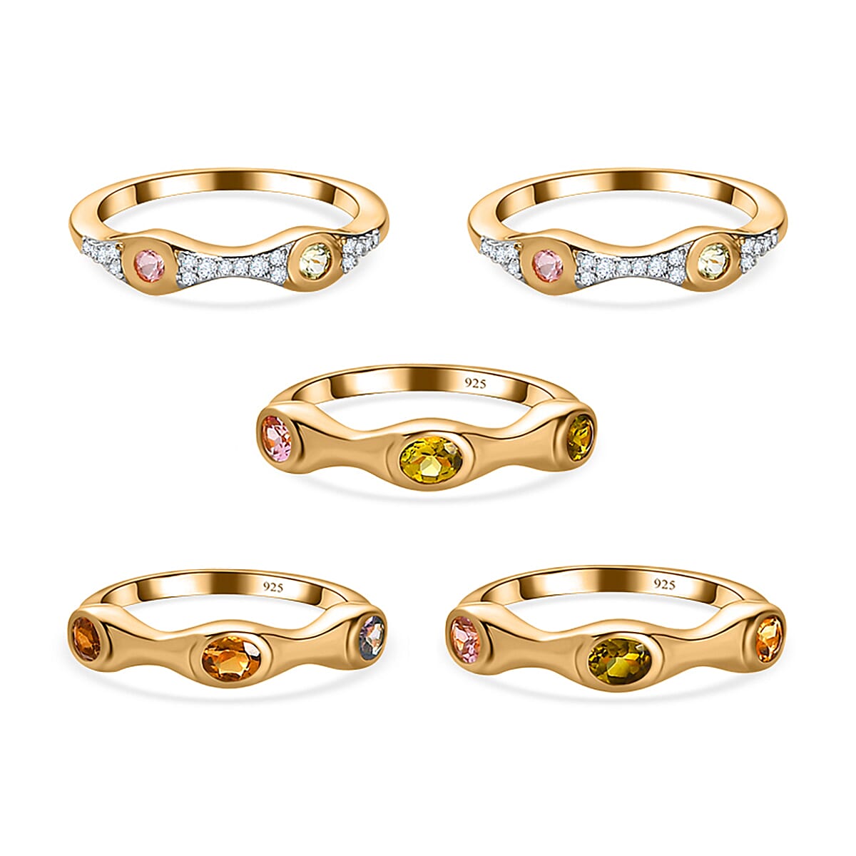 Set of 5 - Multi-Tourmaline & Natural Zircon Stackable Ring in 18K Yellow Gold Vermeil Plated Sterling Silver 2.140  Ct, Silver Wt 10.60 GM
