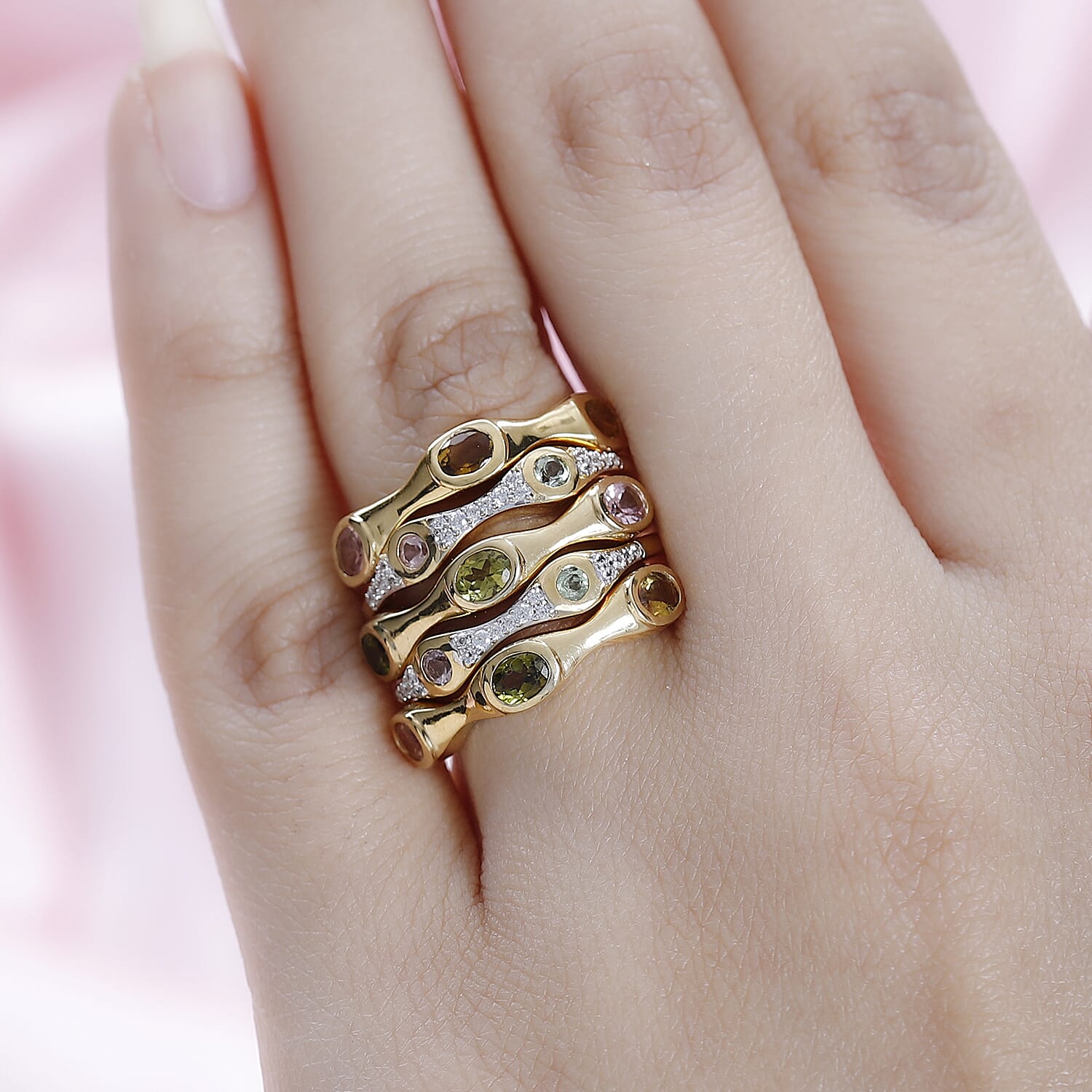 Set of 5 - Multi-Tourmaline & Natural Zircon Stackable Ring in 18K Yellow Gold Vermeil Plated Sterling Silver 2.140  Ct, Silver Wt 10.60 GM