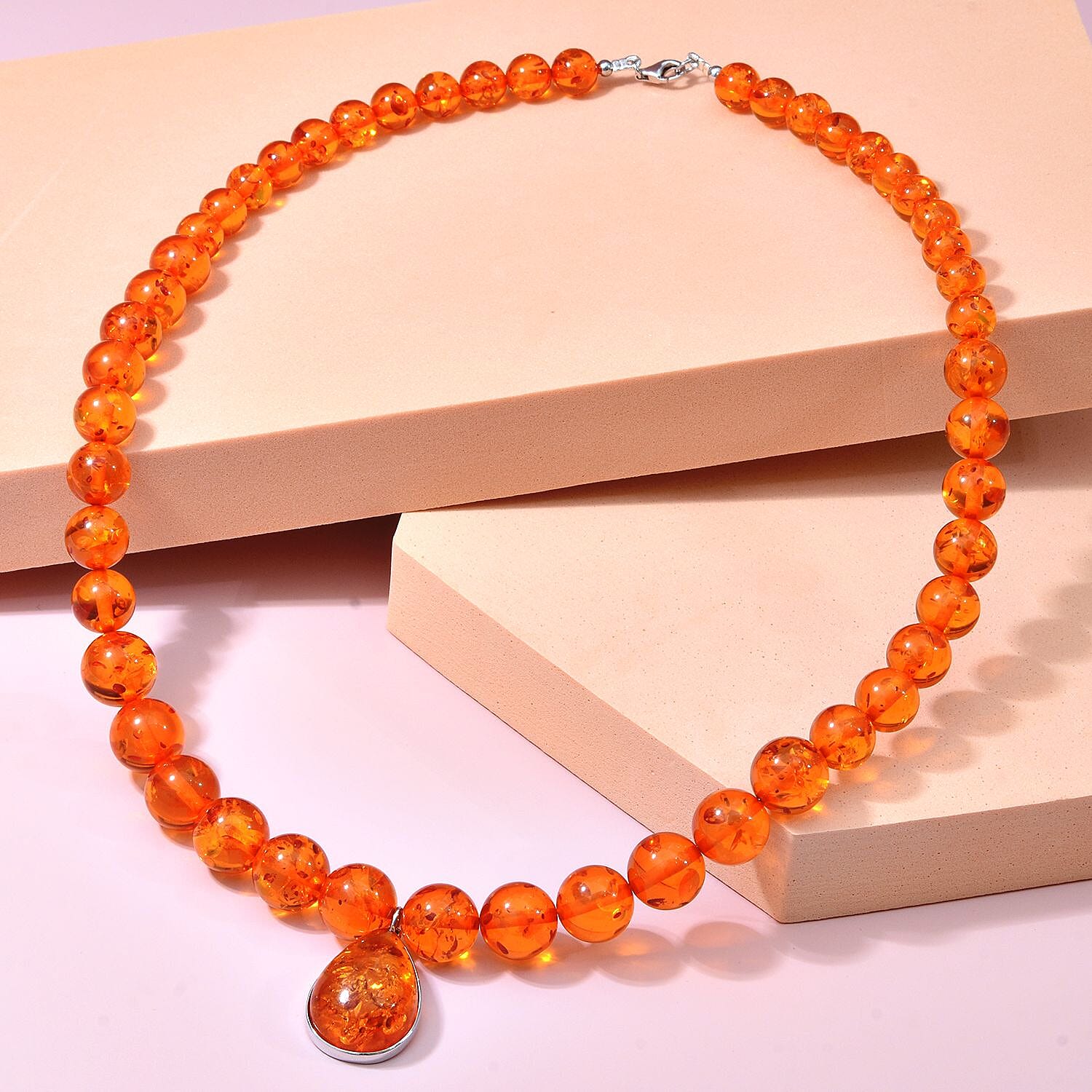 Natural Baltic Amber Beads Necklace (Size - 20 ) and Beads Pendant  in Rhodium Overlay Sterling Silver