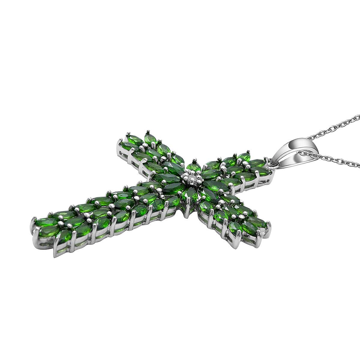 Natural Chrome Diopside Pendant with Chain (18 inch) in Rhodium Overlay Sterling Silver  8.250 Ct.