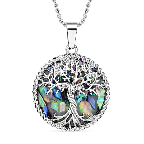 Abalone Shell Tree of Life Pendant with Chain (Size - 20) in Silver Tone