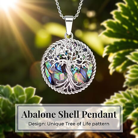 Abalone Shell Tree of Life Pendant with Chain (Size - 20) in Silver Tone