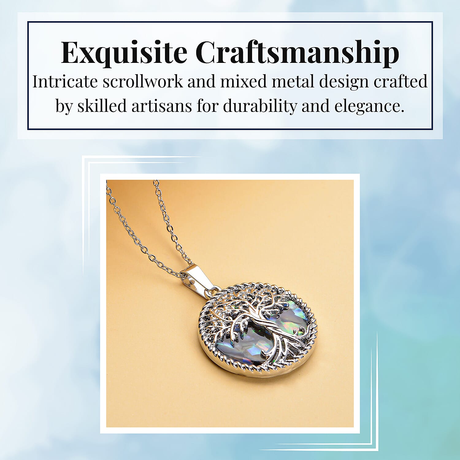 Abalone Shell Tree of Life Pendant with Chain (Size - 20) in Silver Tone Abalone Shell Tree of Life Pendant with Chain (Size - 20) in Silver Tone