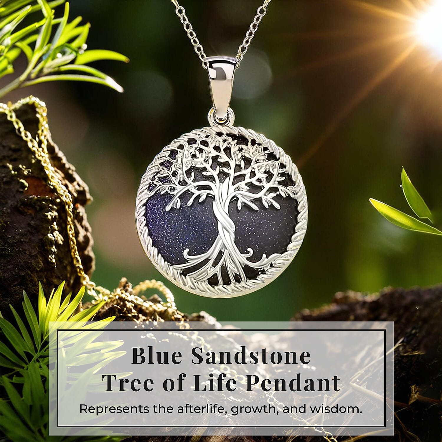 Blue Sandstone Tree of Life Pendant with Chain (Size 20)