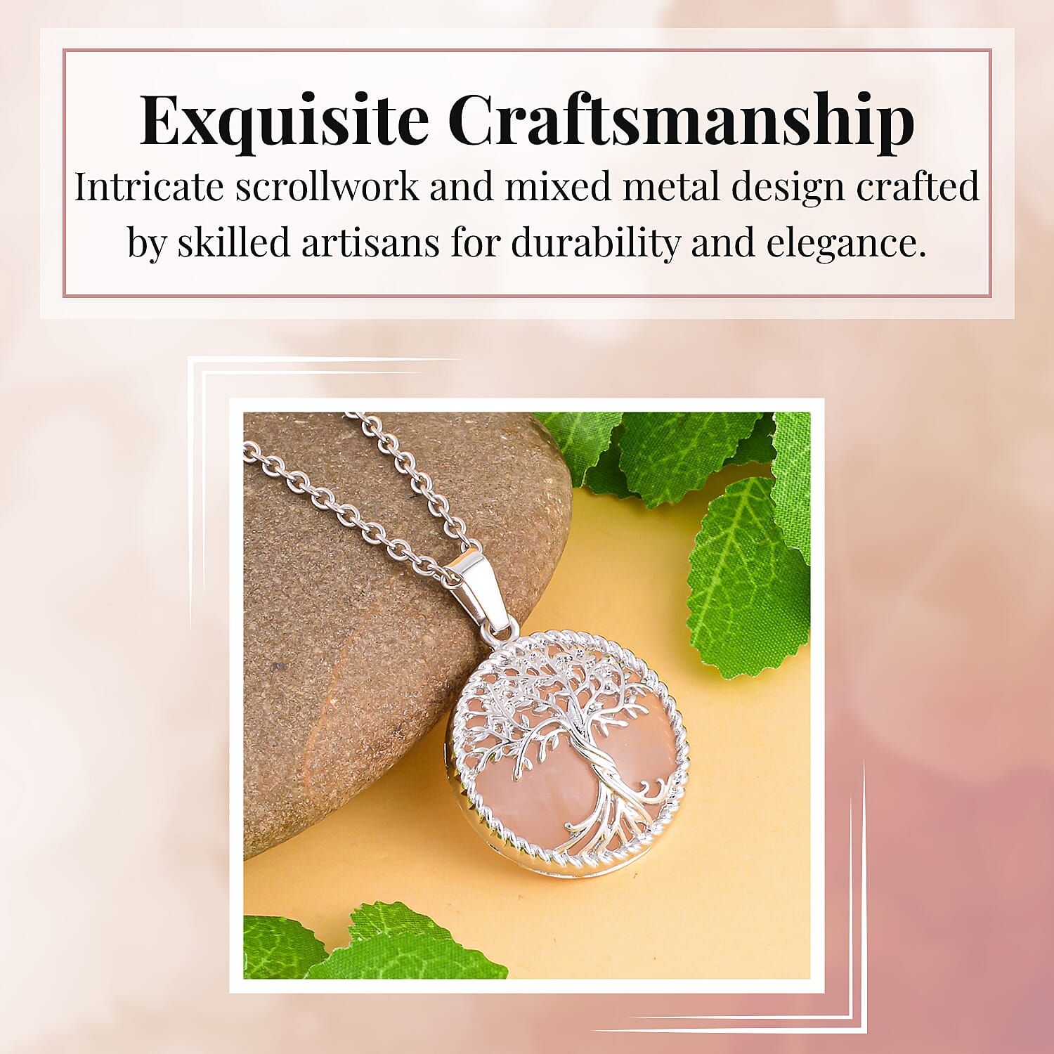 Rose Quartz Tree of Life Pendant with Chain (Size 20)