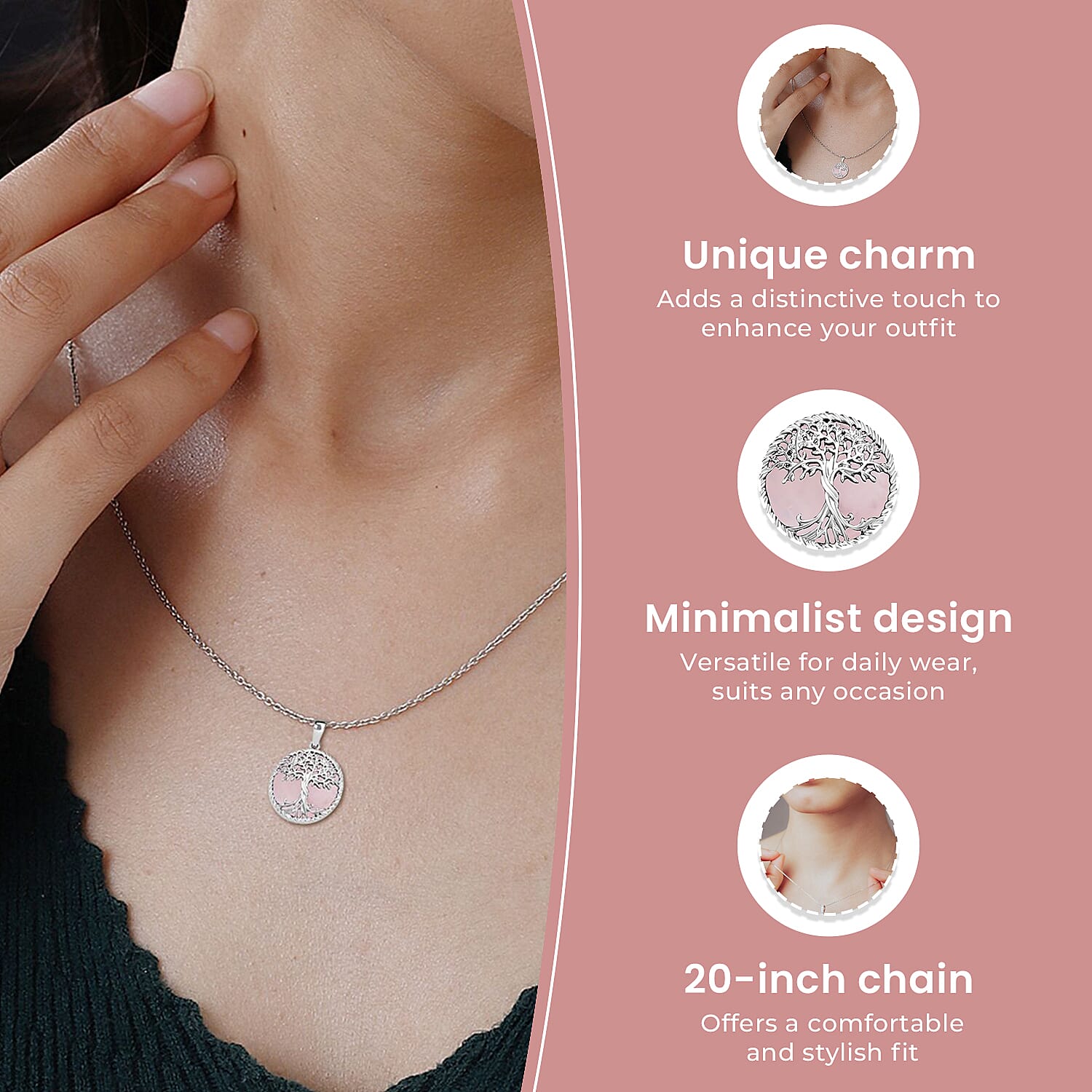 Rose Quartz Tree of Life Pendant with Chain (Size 20)