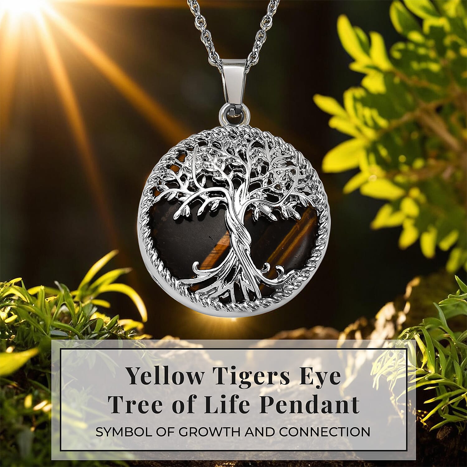 Yellow Tigers Eye Tree of Life Pendant with Chain (Size 20)