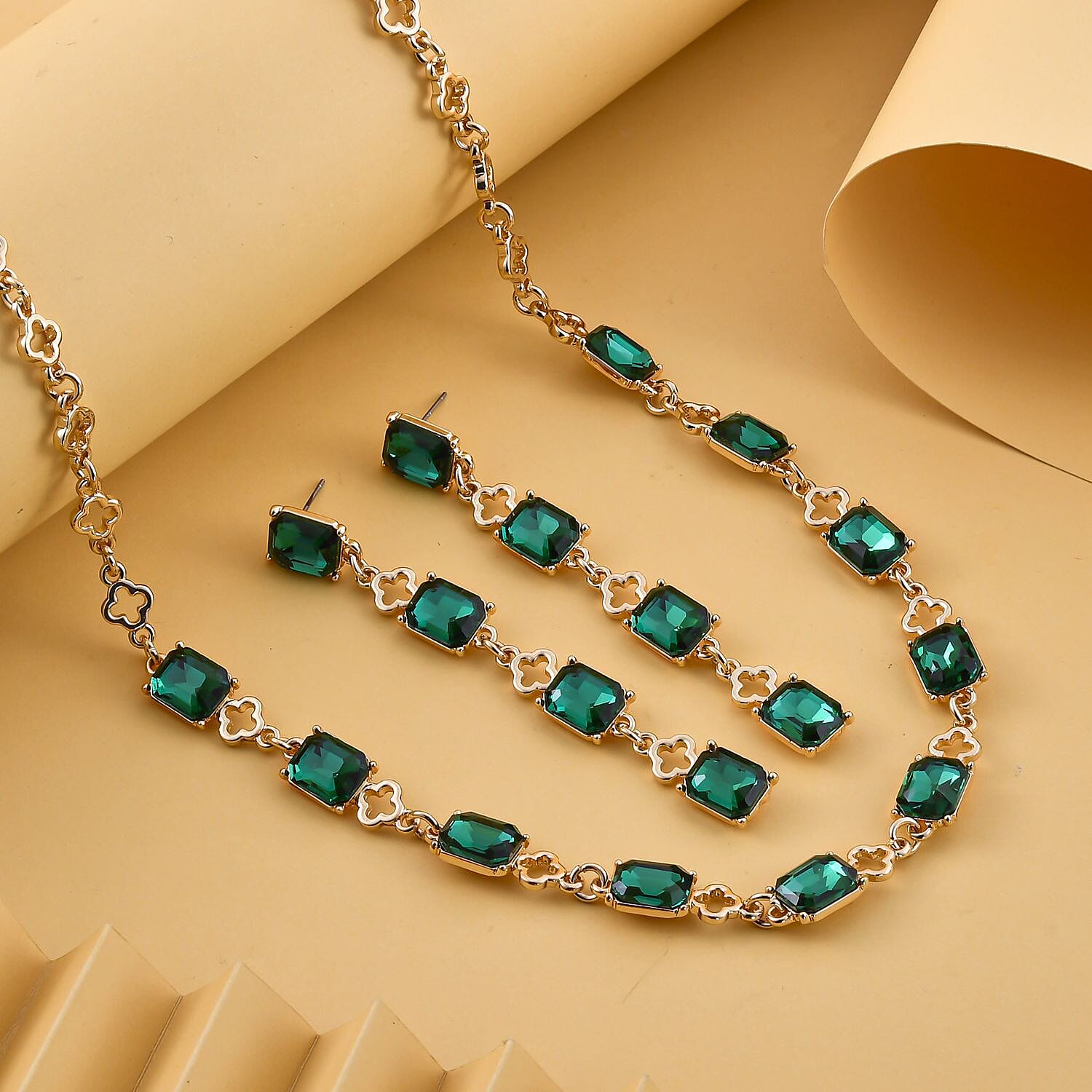 2 Piece Set - Simulated Indicolite Station Necklace (Size 22-2 Inch Ext.) and Dangle Earrings