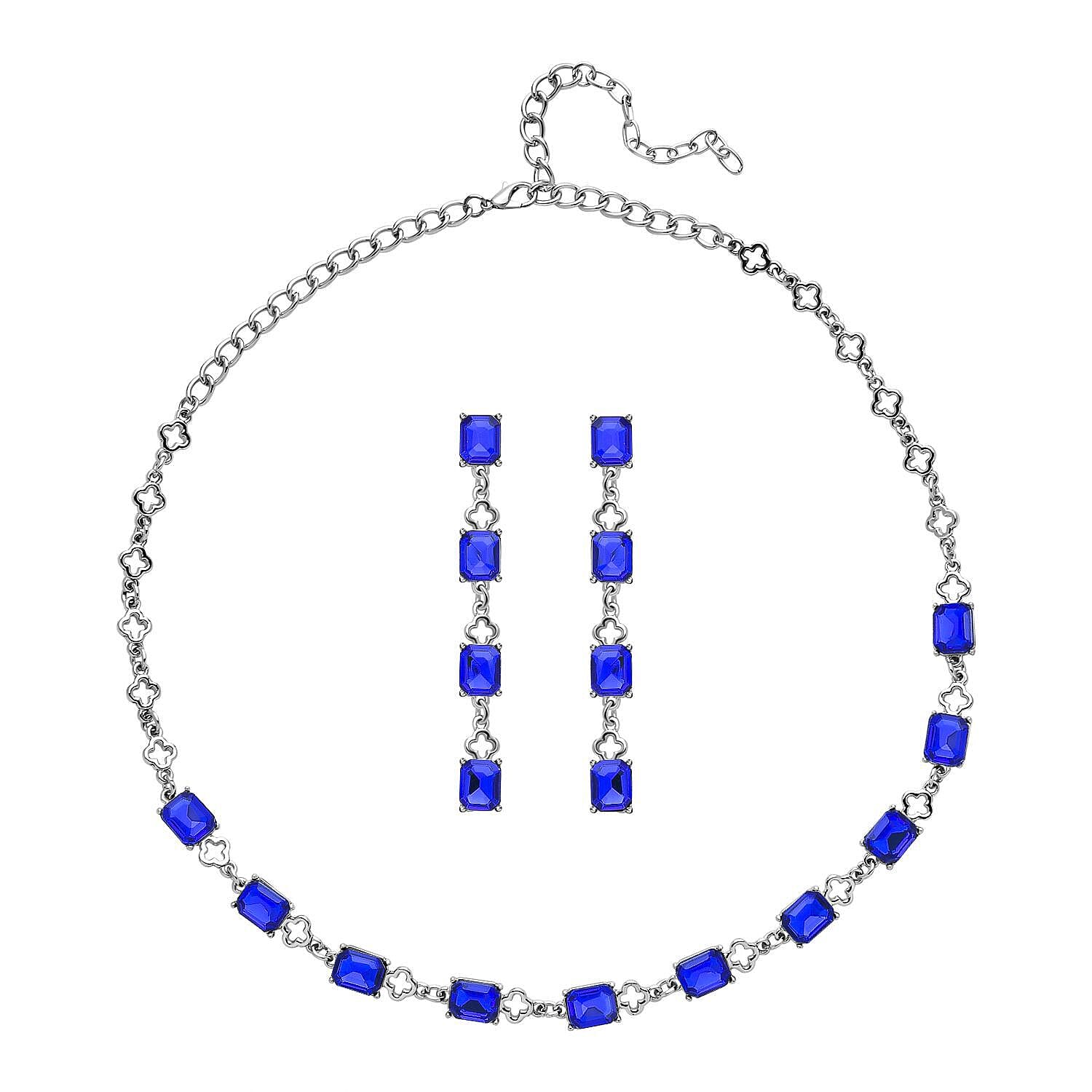 2 Piece Set - Simulated Blue Sapphire Station Necklace (Size 22-2 Inch Ext) and Dangle Earrings