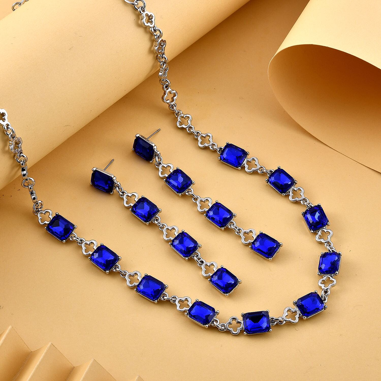 2 Piece Set - Simulated Blue Sapphire Station Necklace (Size 22-2 Inch Ext) and Dangle Earrings