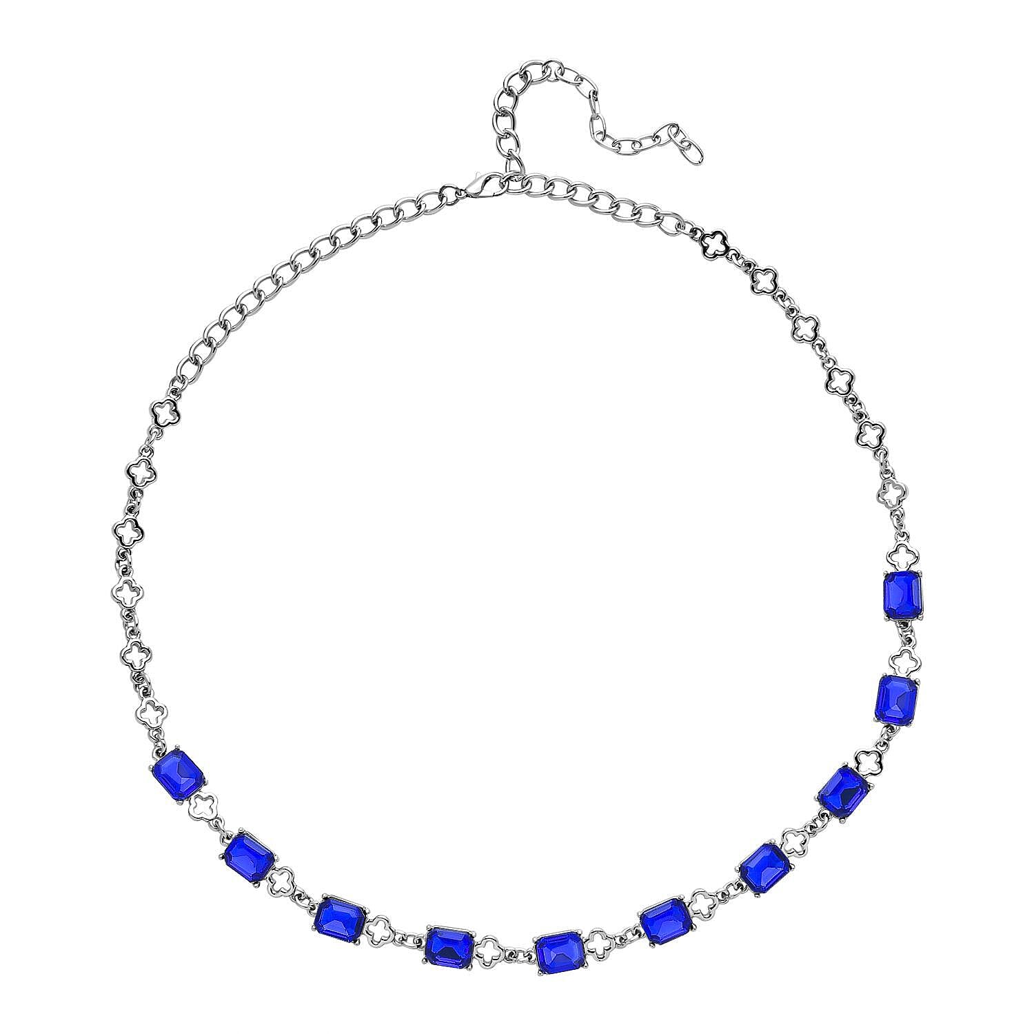 2 Piece Set - Simulated Blue Sapphire Station Necklace (Size 22-2 Inch Ext) and Dangle Earrings
