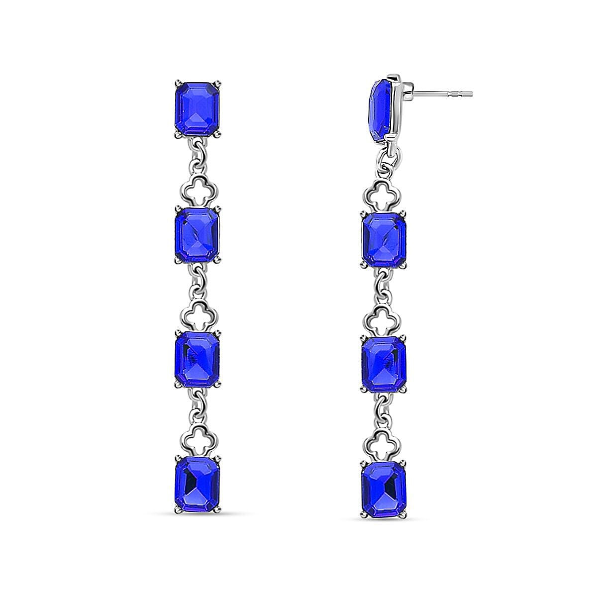 2 Piece Set - Simulated Blue Sapphire Station Necklace (Size 22-2 Inch Ext) and Dangle Earrings