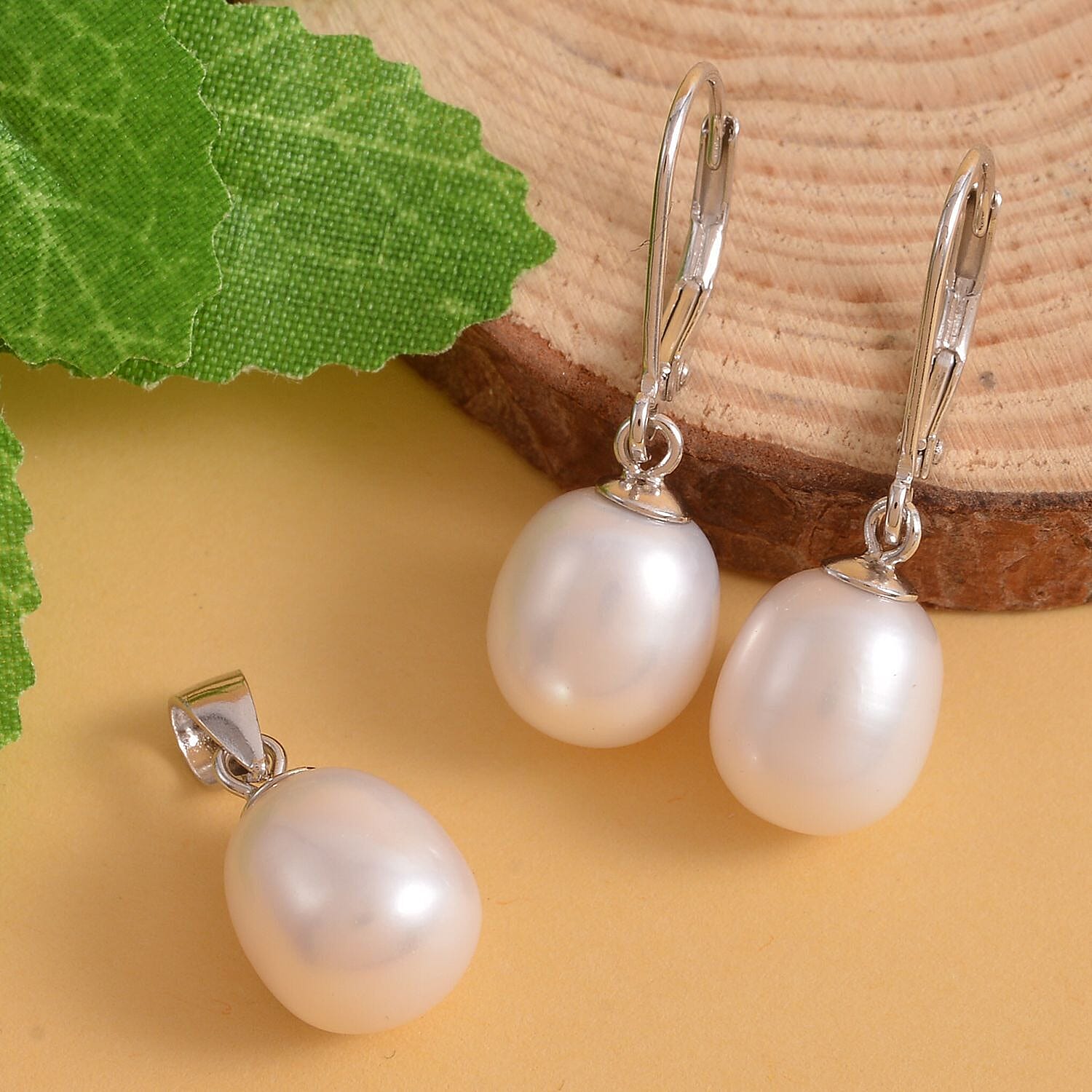 2 Piece Set - White Fresh Water Pearl Pendant (With Clasp) and Lever Back Earrings in Rhodium Overlay Sterling Silver