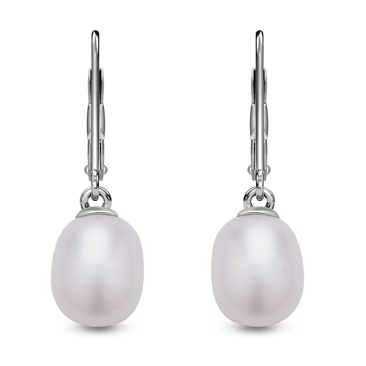 2 Piece Set - White Fresh Water Pearl Pendant (With Clasp) and Lever Back Earrings in Rhodium Overlay Sterling Silver