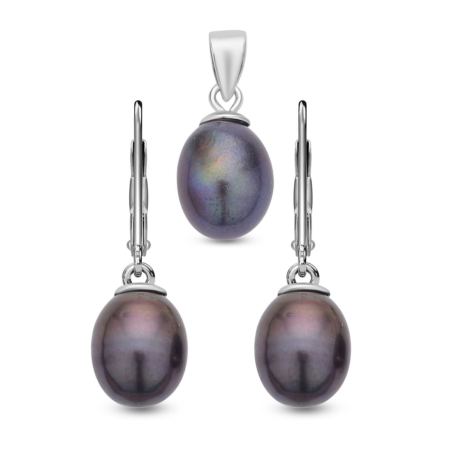 2 Piece Set -  Fresh Water Peacock Pearl Pendant (With Clasp) and Lever Back Earrings in Rhodium Overlay Sterling Silver 9.990 Ct.