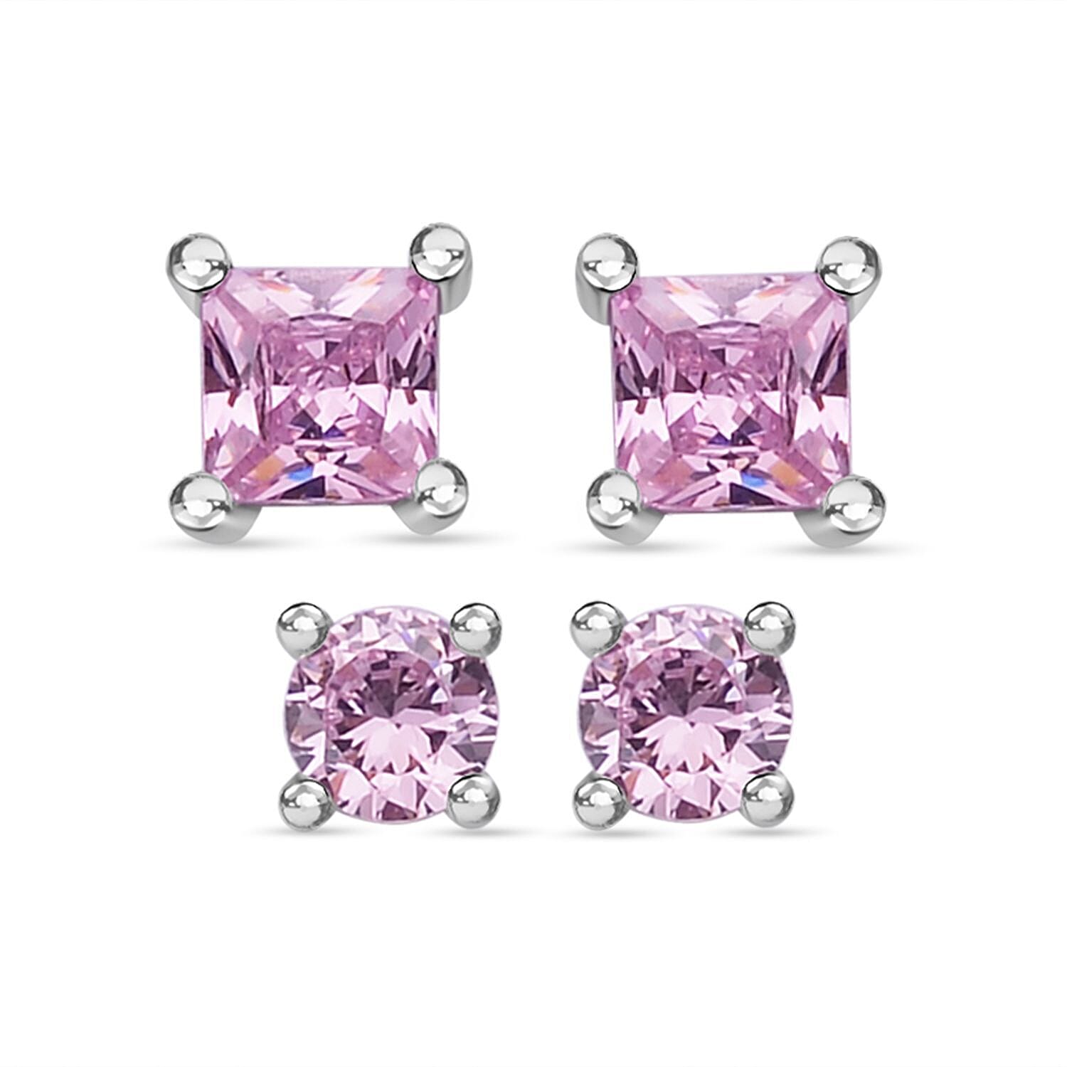 Closeout Deal - Set of 2 - Simulated Pink Sapphire Stud Earrings in Rhodium Sterling Silver