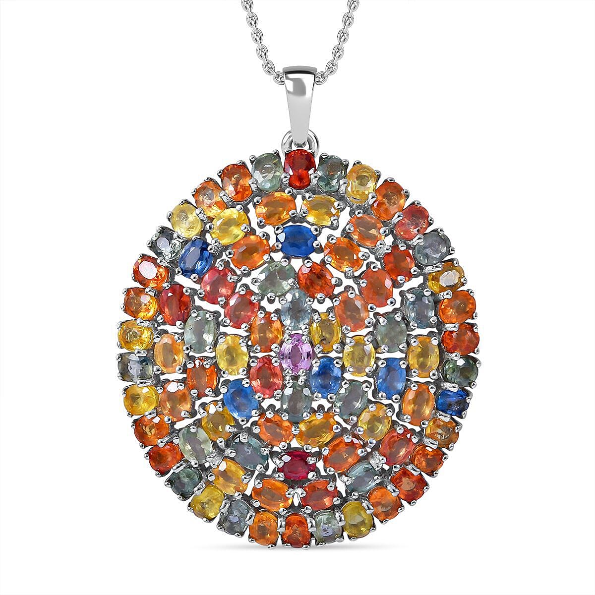 Rainbow Sapphire Pendant with Chain (Size 20) in Sterling Silver 18.68 Ct, Silver Wt. 11 Gms