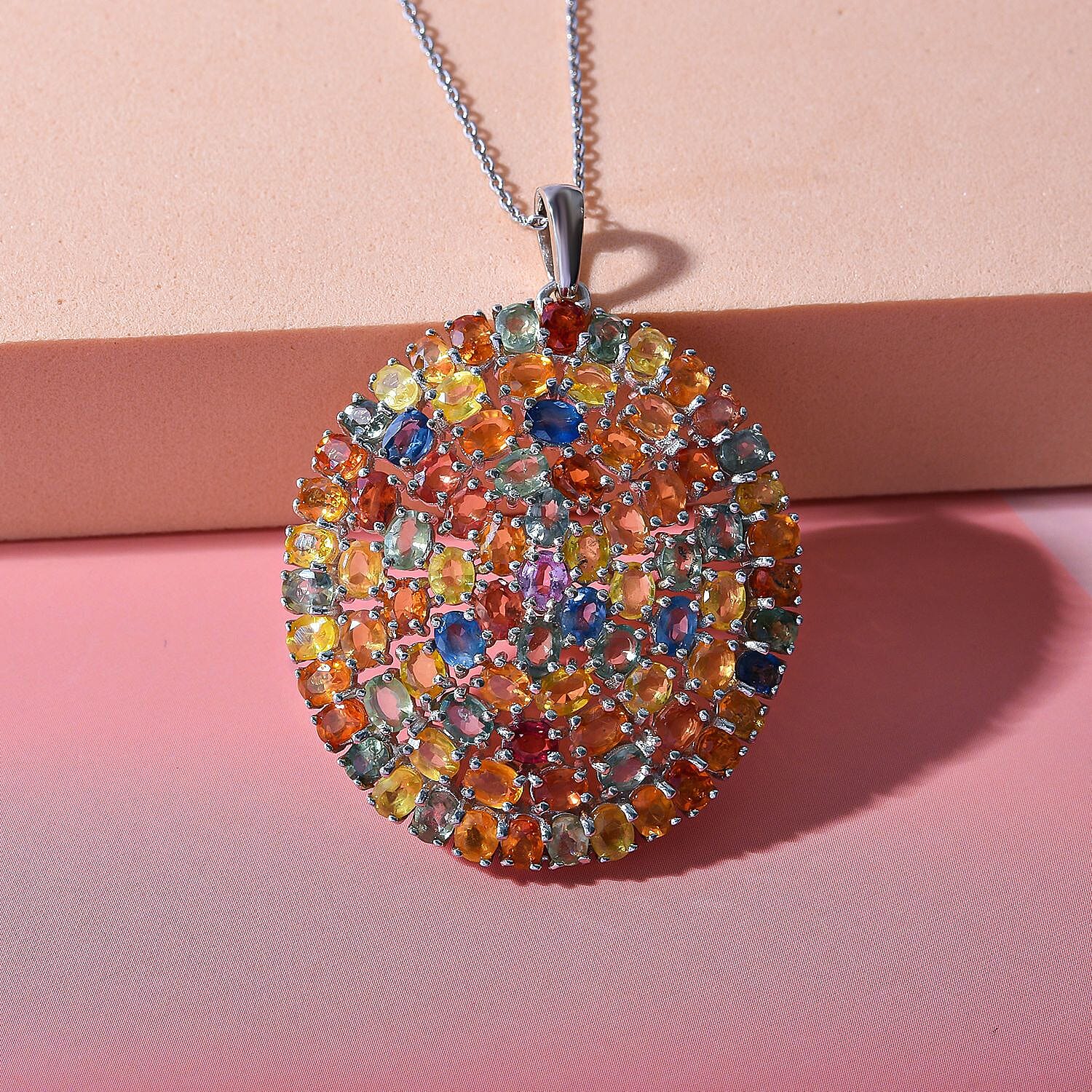 Rainbow Sapphire Pendant with Chain (Size 20) in Sterling Silver 18.68 Ct, Silver Wt. 11 Gms