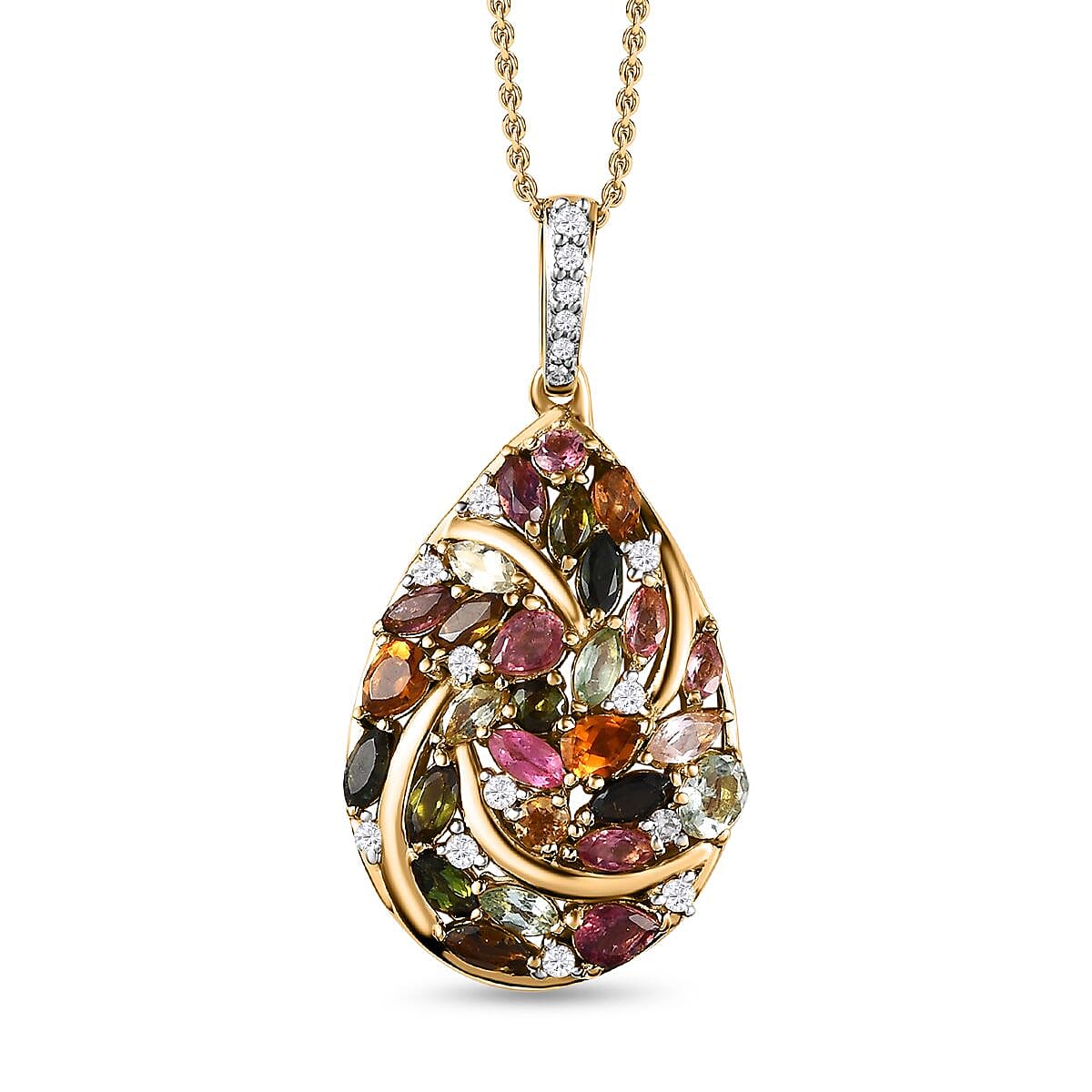 Multi Tourmaline Natural Zircon Cluster Pendant with Chain Size 20 in 18K Vermeil Yellow Gold Plated Sterling Silver 3.20 Ct Silver Wt. 5.60 Gms 4224246 TJC