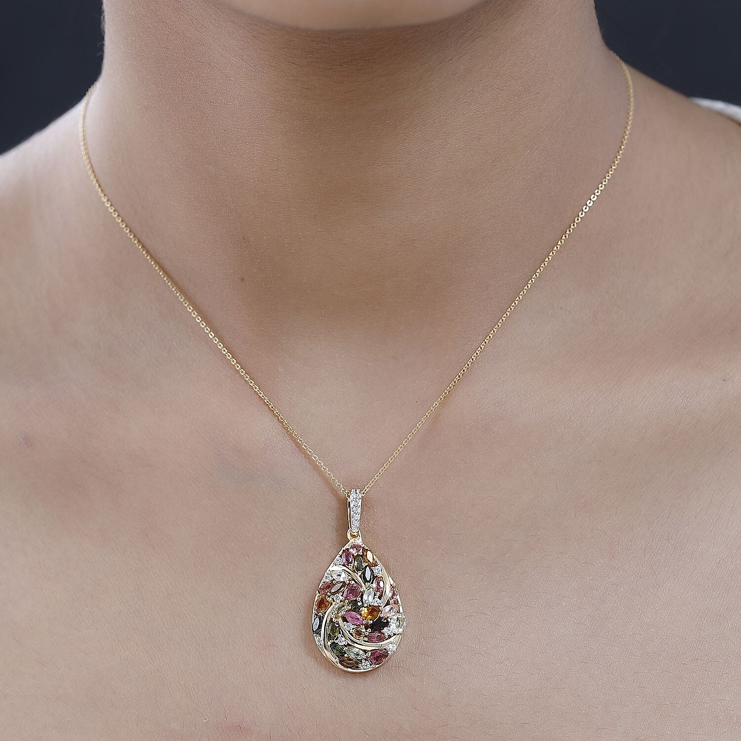 Multi-Tourmaline & Natural Zircon Cluster Pendant with Chain (Size 20) in 18K Vermeil Yellow Gold Plated Sterling Silver 3.20 Ct, Silver Wt. 5.60 Gms