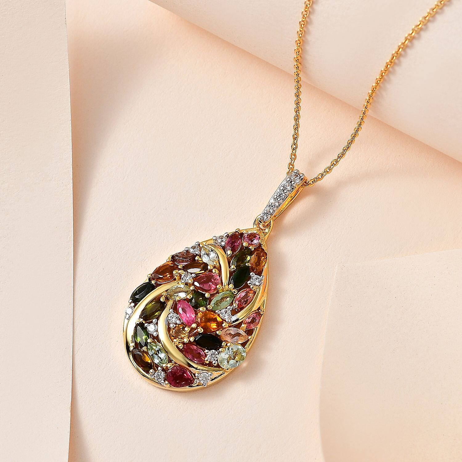 Multi-Tourmaline & Natural Zircon Cluster Pendant with Chain (Size 20) in 18K Vermeil Yellow Gold Plated Sterling Silver 3.20 Ct, Silver Wt. 5.60 Gms