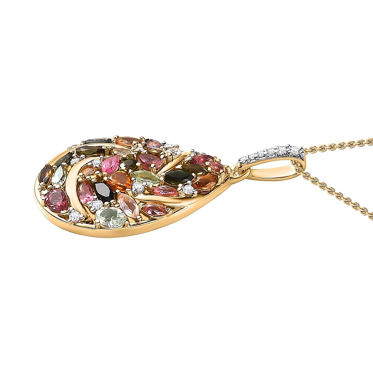 Multi-Tourmaline & Natural Zircon Cluster Pendant with Chain (Size 20) in 18K Vermeil Yellow Gold Plated Sterling Silver 3.20 Ct, Silver Wt. 5.60 Gms