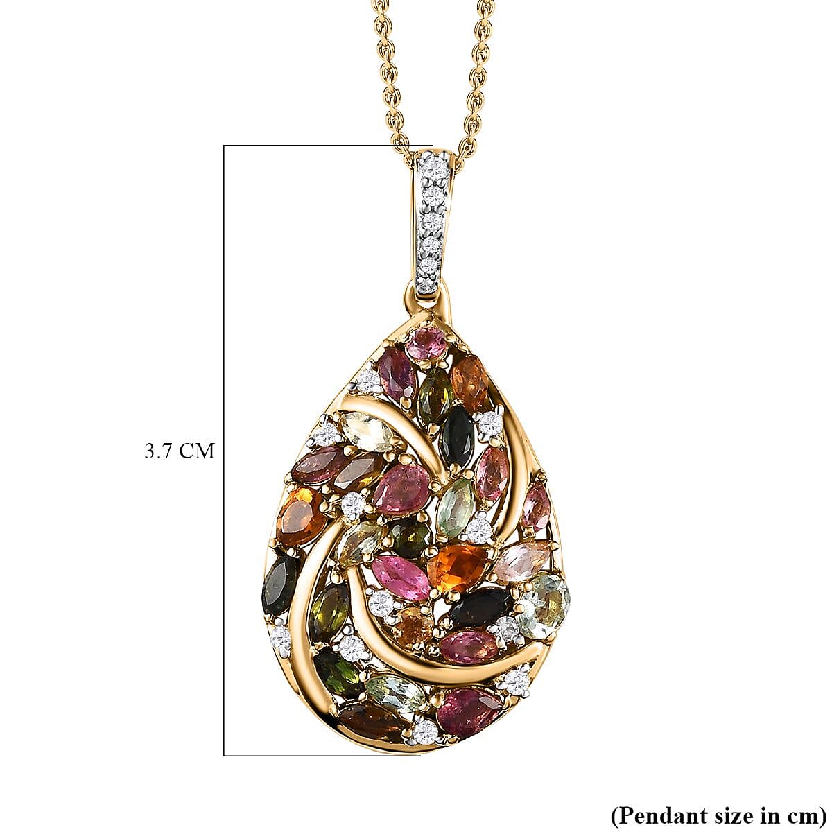 Multi-Tourmaline & Natural Zircon Cluster Pendant with Chain (Size 20) in 18K Vermeil Yellow Gold Plated Sterling Silver 3.20 Ct, Silver Wt. 5.60 Gms