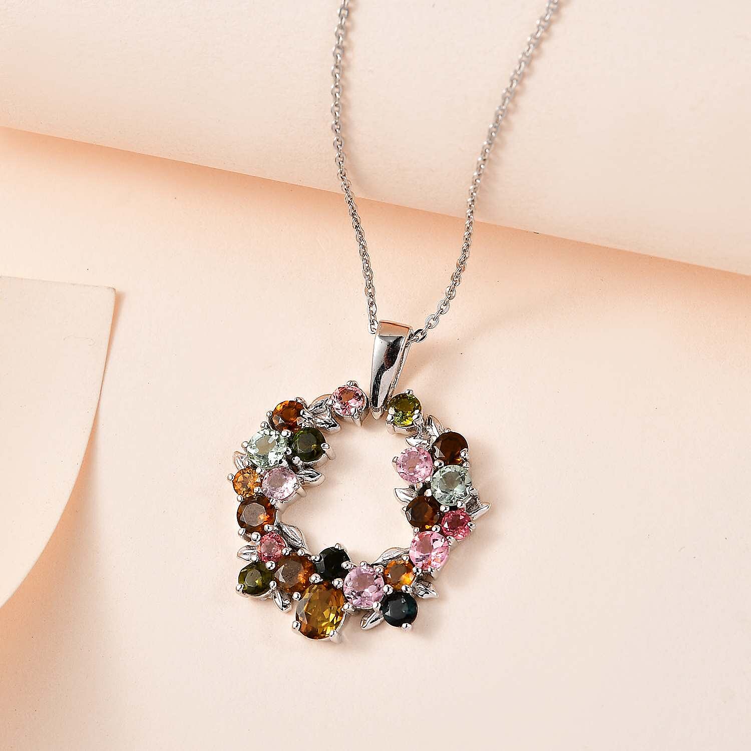 Multi-Tourmaline Pendant with Chain (Size 20) in Platinum Overlay Sterling Silver 3.10 Ct, Silver Wt 5.60 GM