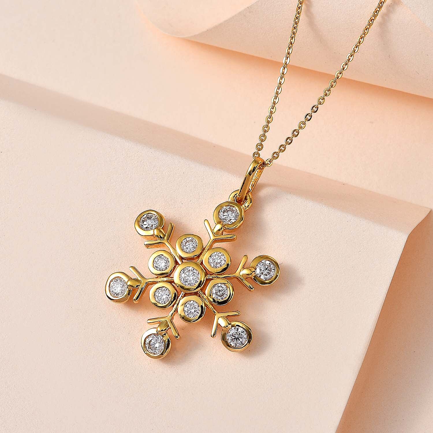 Moissanite Snowflake Pendant with Chain (Size 20) in 18K Yellow Gold Vermeil Plated Sterling Silver 1.15 Ct, Silver Wt 5.92 GM