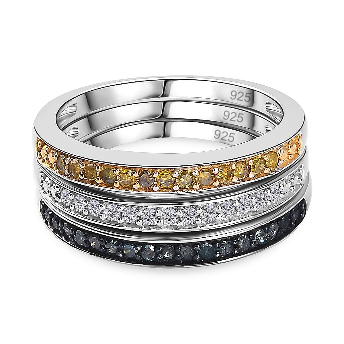 Set of 3 -  Yellow Diamond  Blue Diamond  White Diamond Ring in Platinum Overlay Sterling Silver  Wt. 6 Gms  0.500  Ct.