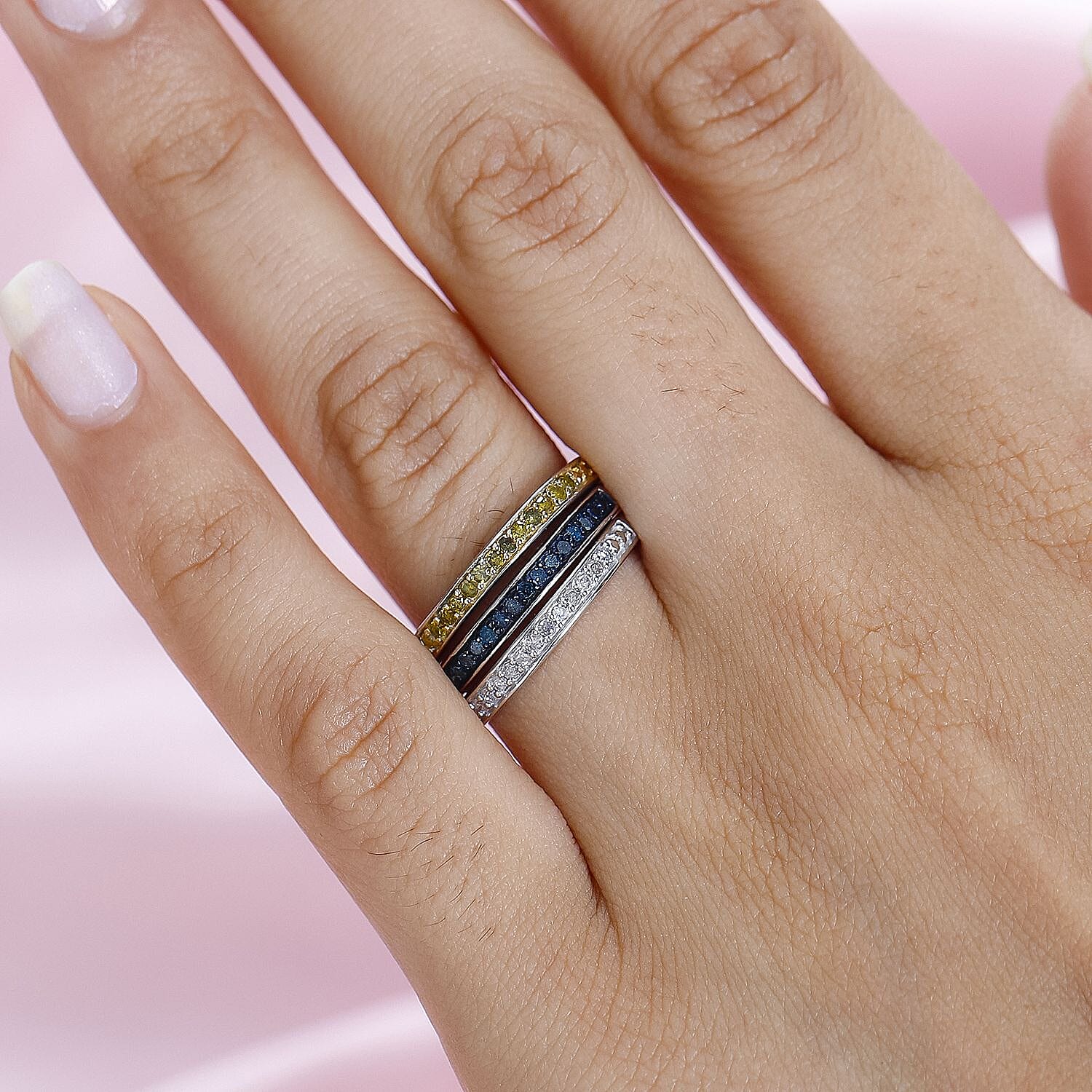 Set of 3 -  Yellow Diamond  Blue Diamond  White Diamond Ring in Platinum Overlay Sterling Silver  Wt. 6 Gms  0.500  Ct.