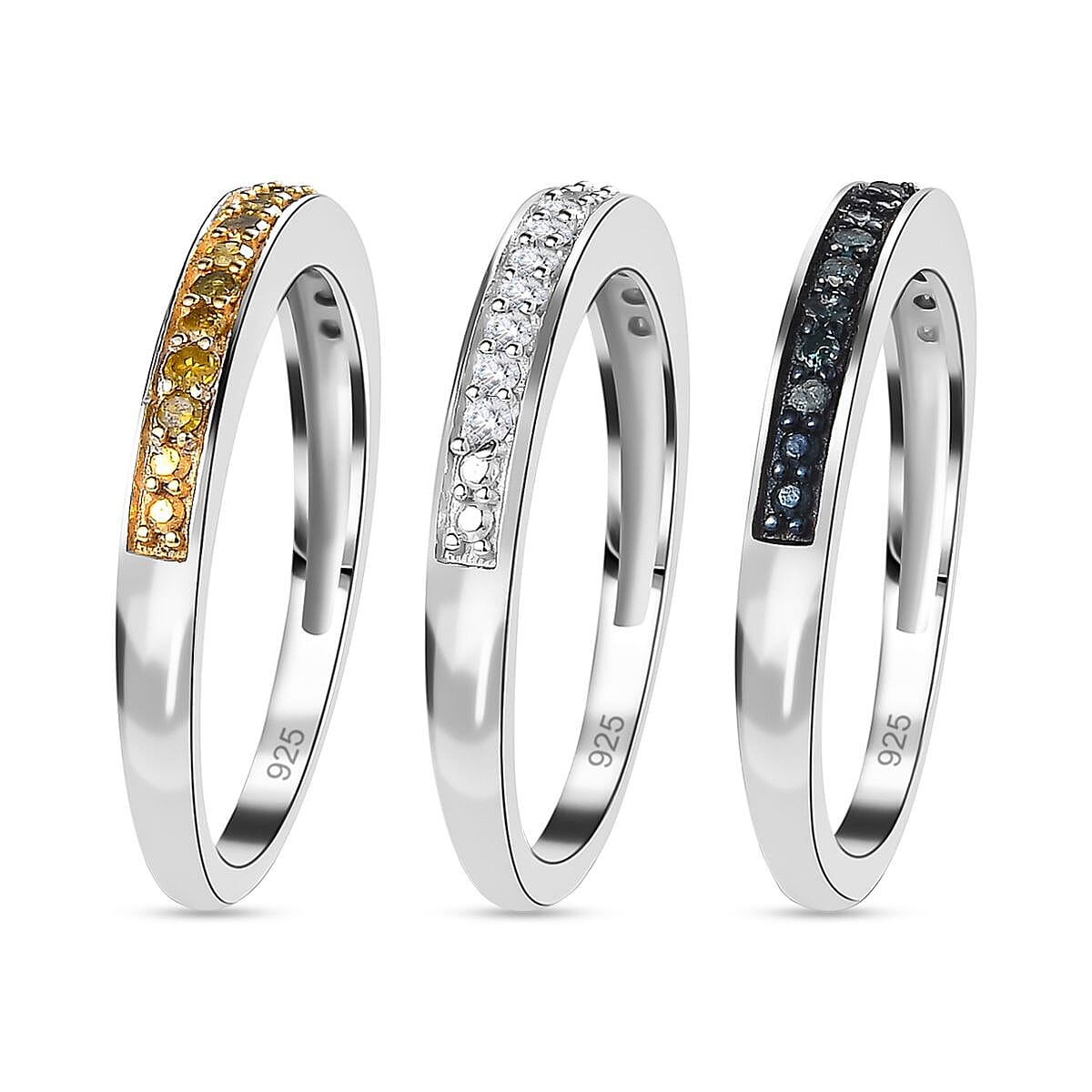 Set of 3 -  Yellow Diamond  Blue Diamond  White Diamond Ring in Platinum Overlay Sterling Silver  Wt. 6 Gms  0.500  Ct.