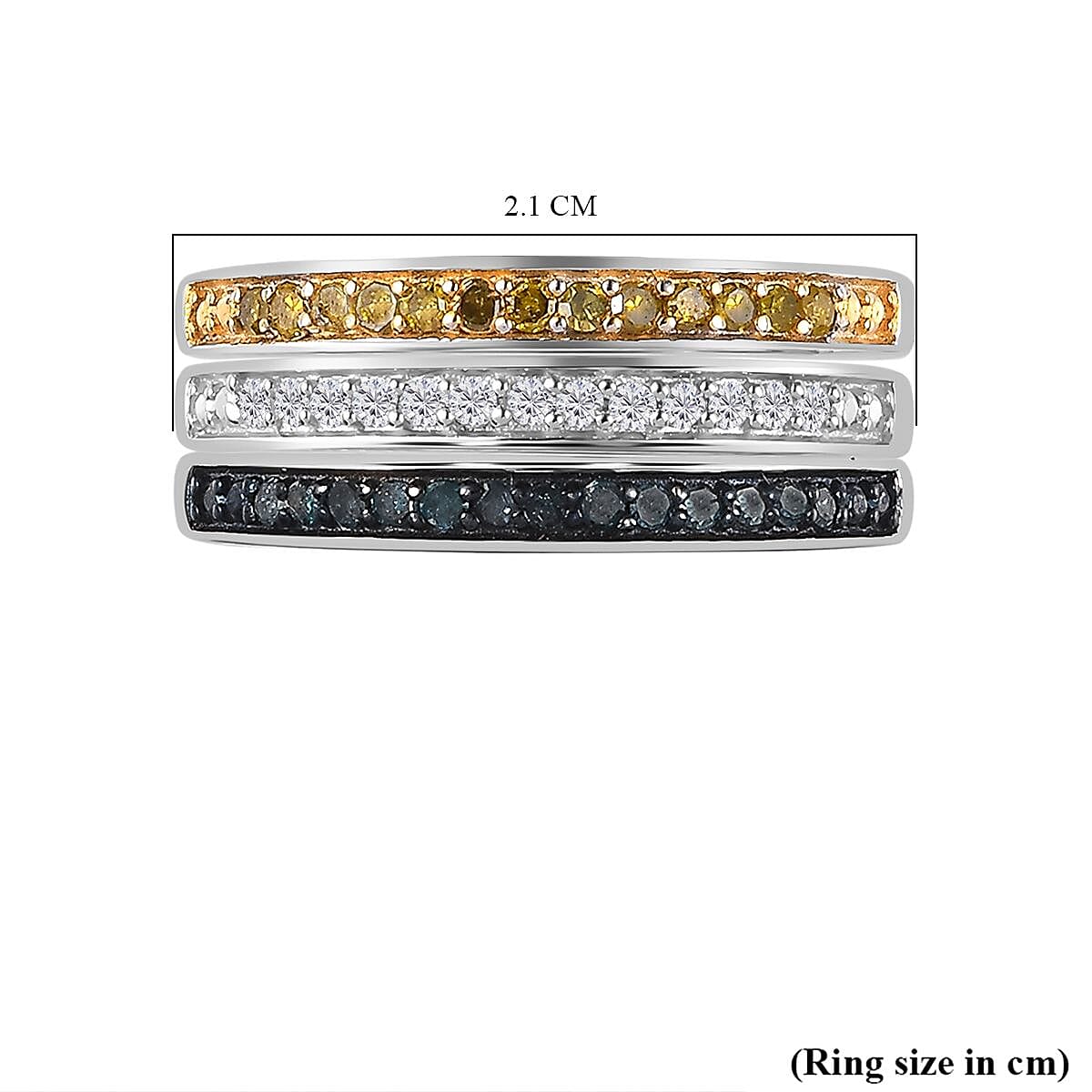 Set of 3 -  Yellow Diamond  Blue Diamond  White Diamond Ring in Platinum Overlay Sterling Silver  Wt. 6 Gms  0.500  Ct.