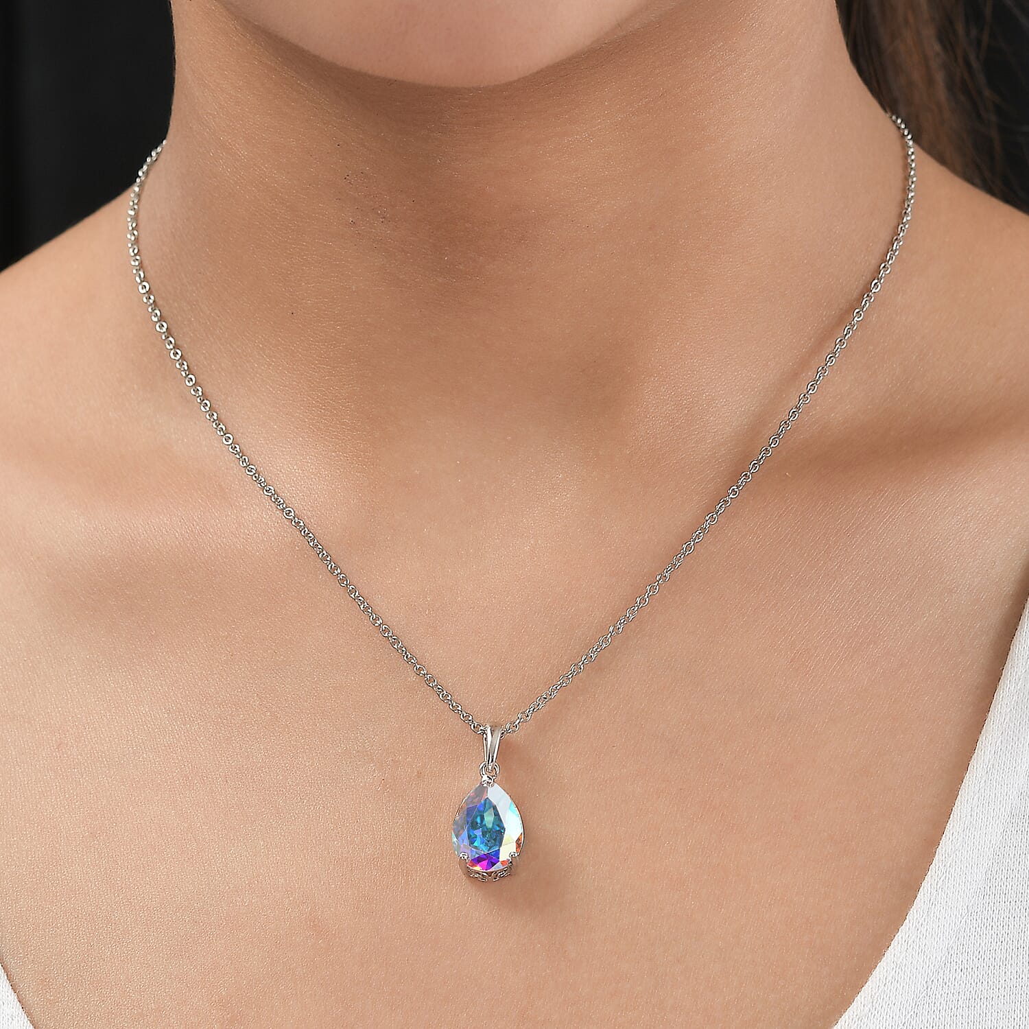 AB Finest Austrian Crystal Platinum Overlay Sterling Silver Solitaire Pendant with Stainless Steel Chain (Size 20) 4.85 Ct.