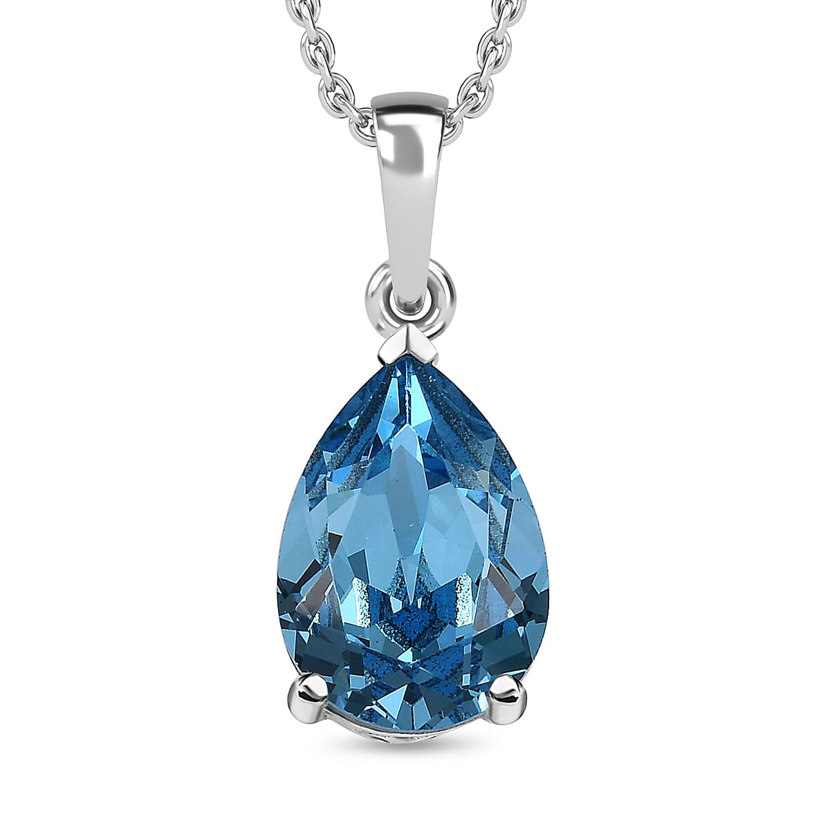  Light Blue Austrian Crystal Platinum Overlay Sterling Silver Solitaire Pendant with Stainless Steel Chain 4.85 Ct.