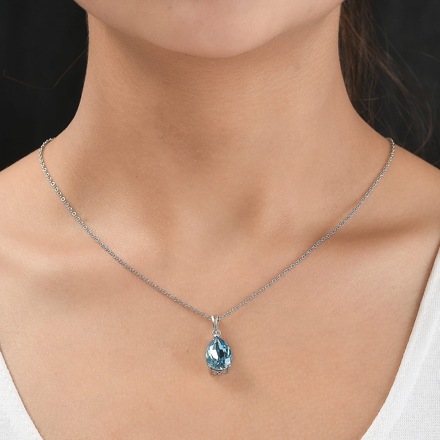  Light Blue Austrian Crystal Platinum Overlay Sterling Silver Solitaire Pendant with Stainless Steel Chain 4.85 Ct.