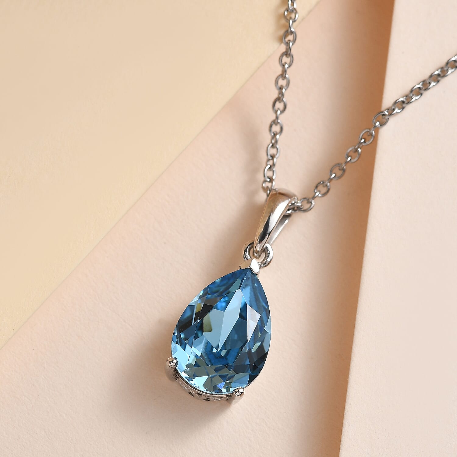  Light Blue Austrian Crystal Platinum Overlay Sterling Silver Solitaire Pendant with Stainless Steel Chain 4.85 Ct.