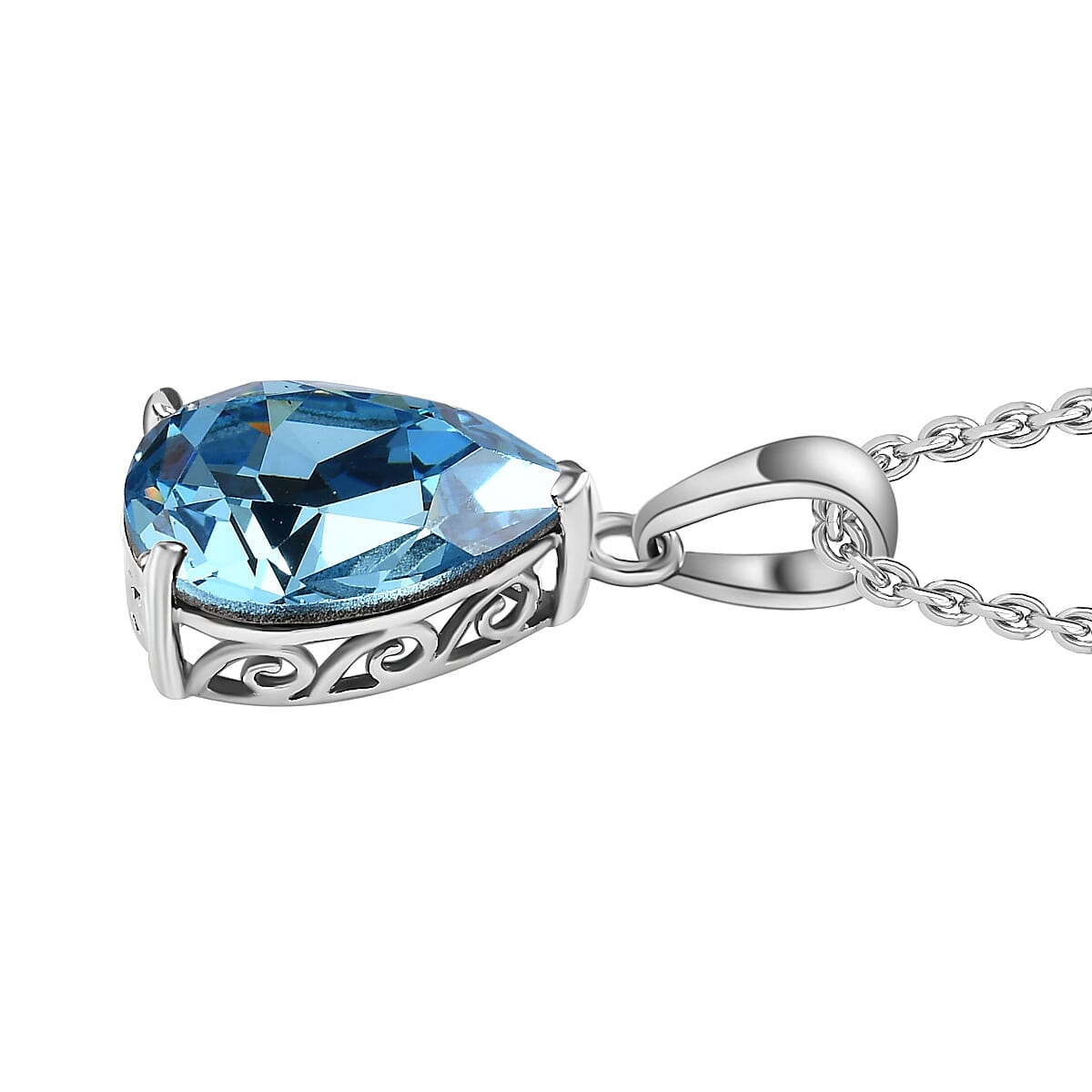  Light Blue Austrian Crystal Platinum Overlay Sterling Silver Solitaire Pendant with Stainless Steel Chain 4.85 Ct.
