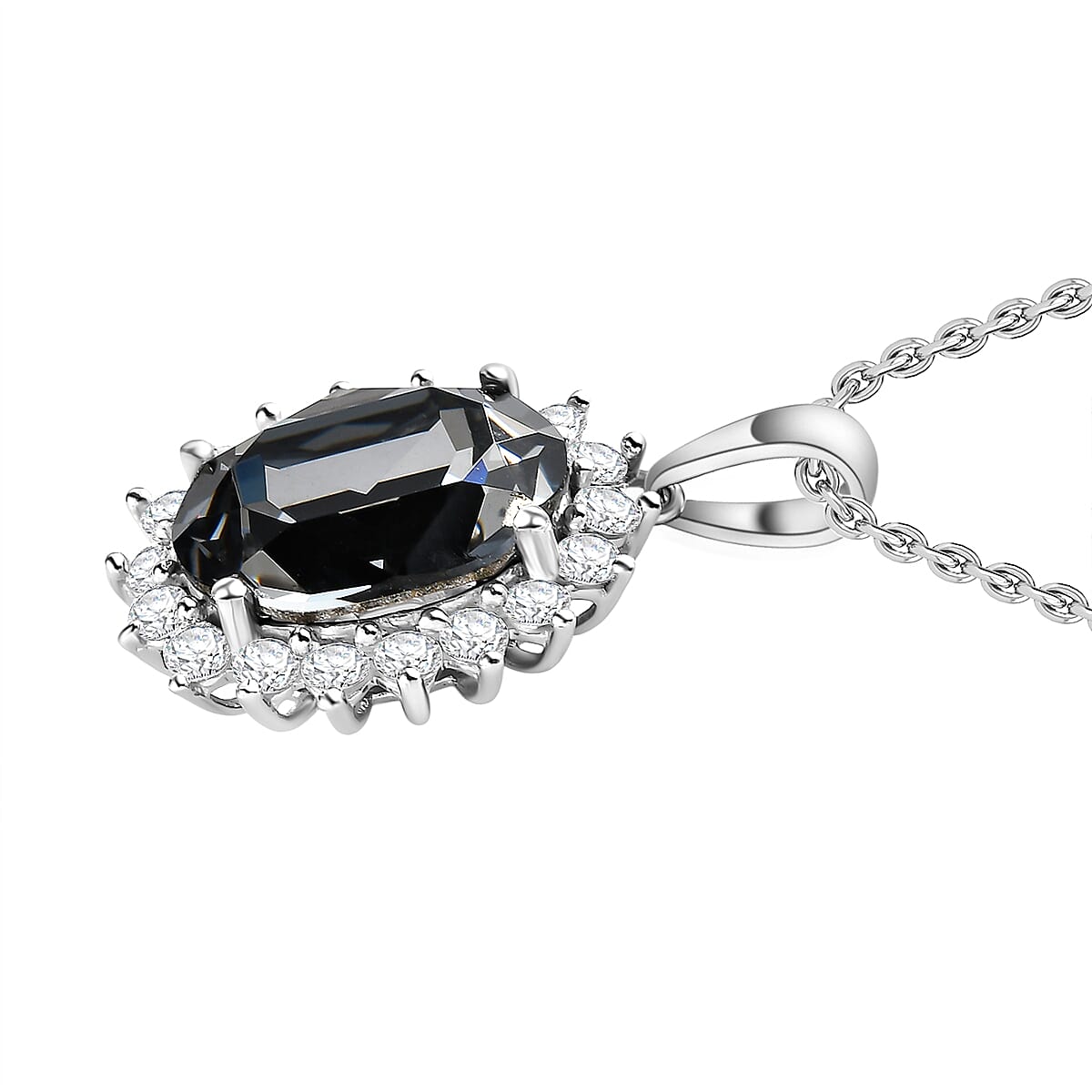 White Cubic Zirconia, Silver Night Finest Crystal Pendant with Chain (Size 20) in Platinum Overlay Sterling Silver 5.40 ct 6.300 Ct.
