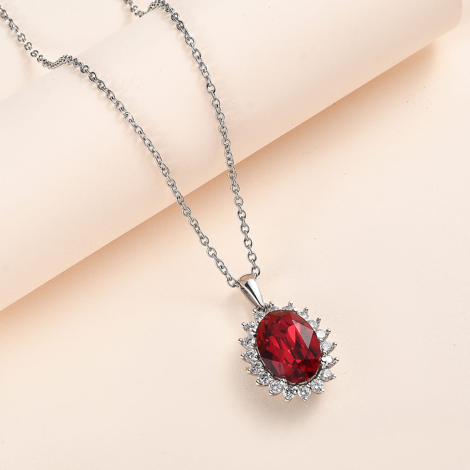 Siam Colour Austrian Crystal Platinum Overlay Sterling Silver Halo Pendant with Chain (Size 20) 6.30 Ct, Silver Wt. 5.43 Gms