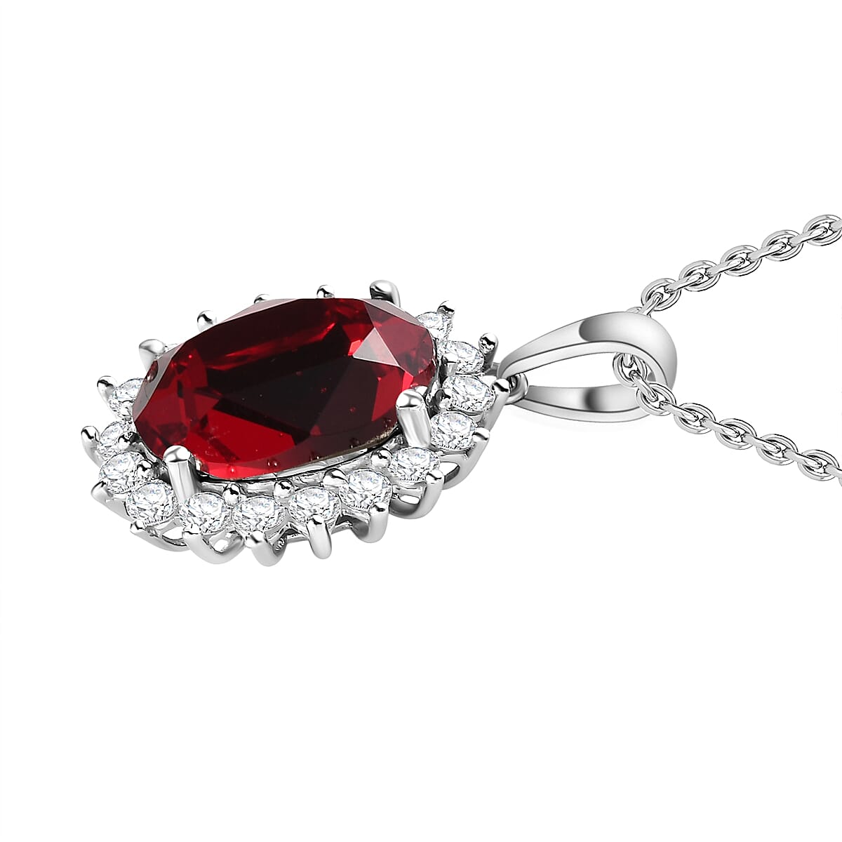 Siam Colour Austrian Crystal Platinum Overlay Sterling Silver Halo Pendant with Chain (Size 20) 6.30 Ct, Silver Wt. 5.43 Gms