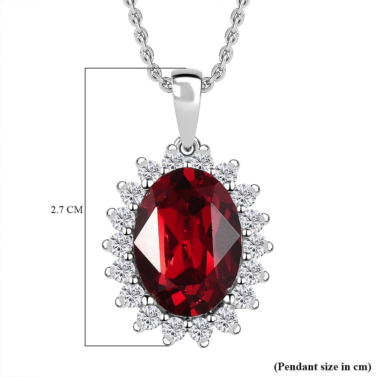 Siam Colour Austrian Crystal Platinum Overlay Sterling Silver Halo Pendant with Chain (Size 20) 6.30 Ct, Silver Wt. 5.43 Gms