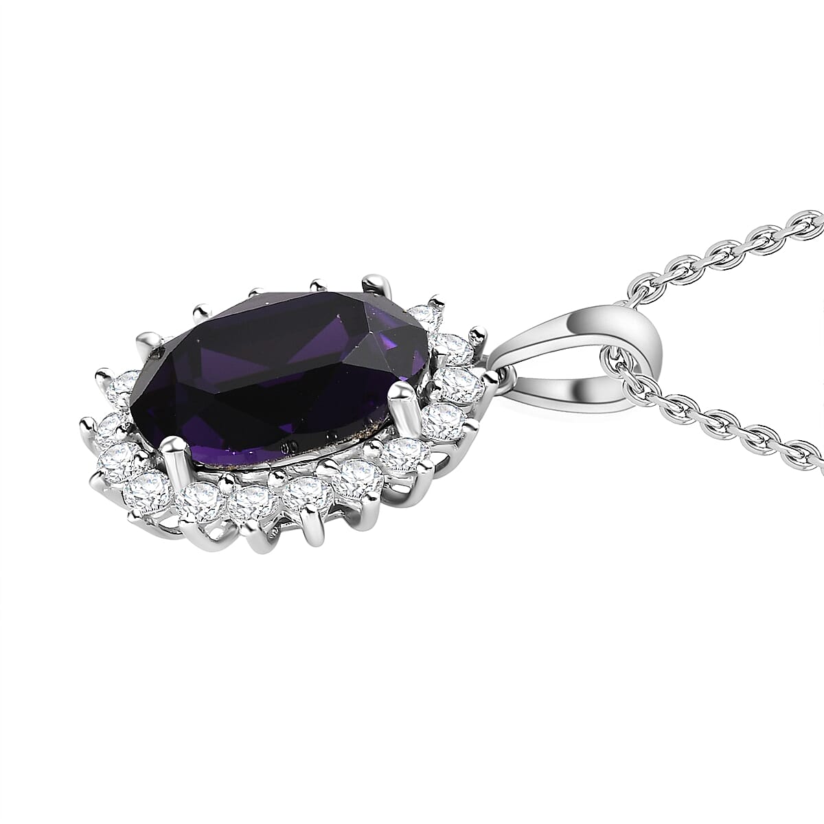 Amethyst Finest Austrian Crystal & Cubic Zirconia Platinum Overlay Sterling Silver Halo Pendant with Chain (Size 20)