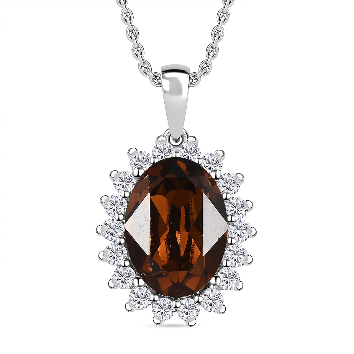 White Cubic Zirconia & Smoked Topaz Finest Austrian Crystal Platinum Overlay Sterling Silver Halo Pendant with Stainless Steel Chain (Size 20)