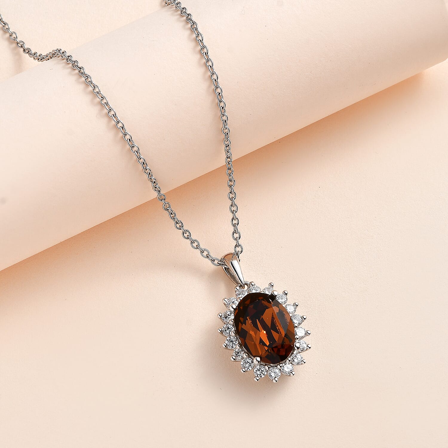 White Cubic Zirconia & Smoked Topaz Finest Austrian Crystal Platinum Overlay Sterling Silver Halo Pendant with Stainless Steel Chain (Size 20)
