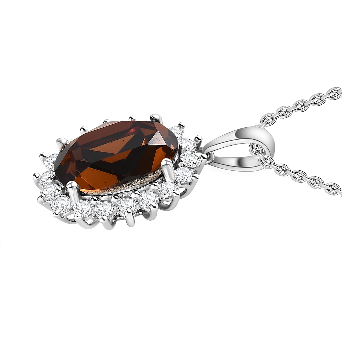 White Cubic Zirconia & Smoked Topaz Finest Austrian Crystal Platinum Overlay Sterling Silver Halo Pendant with Stainless Steel Chain (Size 20)