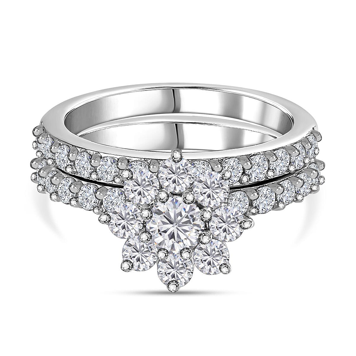 Set of 2 - Moissanite Floral Ring in Platinum Overlay Sterling Silver 1.33 Ct.